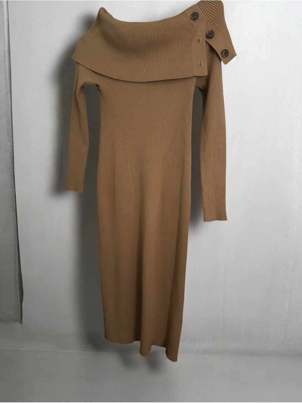 Banana Republic Camel Off-Shoulder Ribbed Long Sleeve Midi Dress